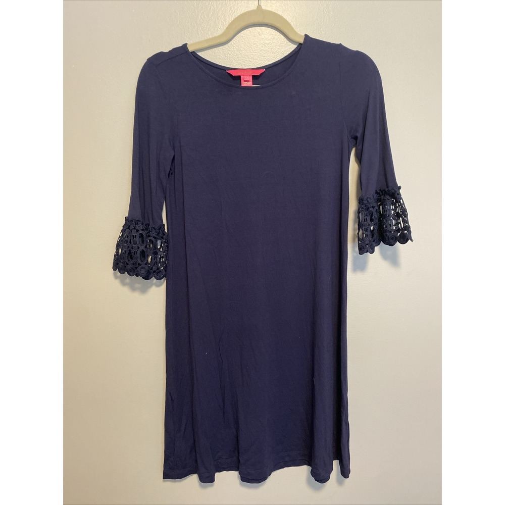 Lilly Pulitzer Ophelia Shift Dress Crochet Bell Sleeve Size XS Navy Blue Stretch - Picture 3 of 4